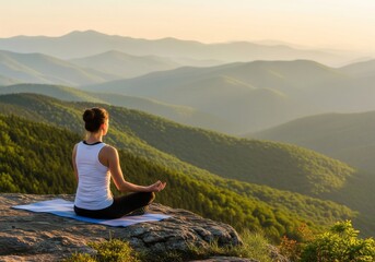 Woman Meditating on a Mountain Cliff at Sunset with Green Valleys and Misty Peaks