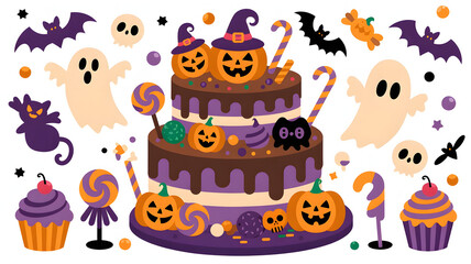 Obraz premium 🎂 Festive Halloween Cake with Pumpkins, Ghosts, and Sweets