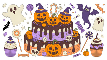 🎂 Halloween Chocolate Cake with Pumpkins, Ghosts, and Candy