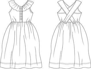 Vector fashion technical flat illustration of sleeveless dress with ruffle neckline, button front bodice, crisscross back straps, gathered long skirt
