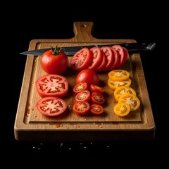 Wooden cutting board with sliced tomatoes
