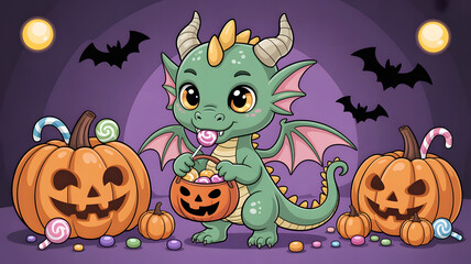 Fototapeta premium Cartoon Green Baby Dragon with Candy and Jack-o’-Lanterns