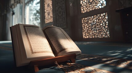 Open Quran resting on wooden stand with natural light