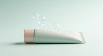 Soft Pink Capped Cosmetic Cleanser Tube with Foaming Soap Bubbles on Mint Green Background