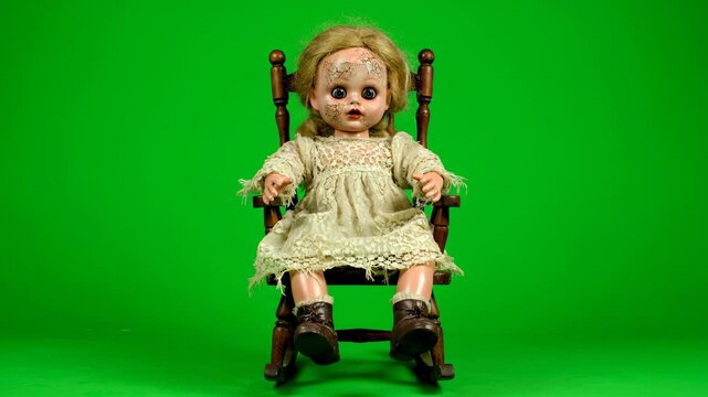 A haunted creepy doll rocks back and forth in a unsettling rhythm, isolated on a bright green backdrop supernatural, ominous, dark