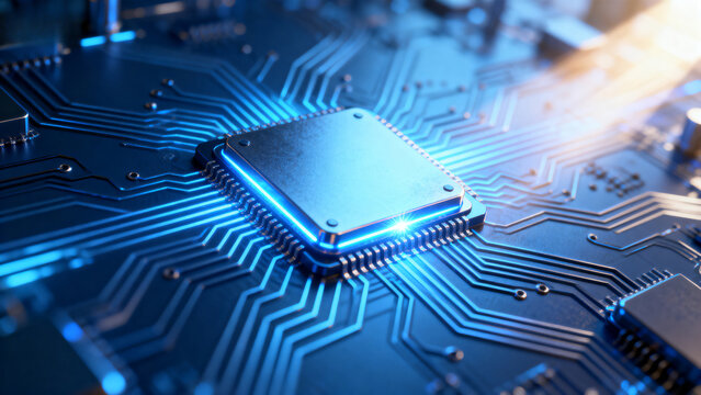 Close-up of a glowing microchip on a circuit board with illuminated pathways