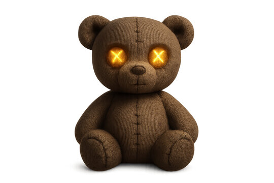 Scary teddy bear with glowing evil eyes on transparent background