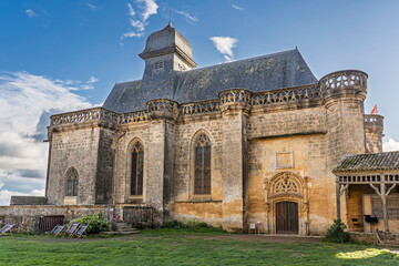Landscape view of ancient Renaissance chapel of Biron medieval castle, Dordogne, France