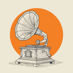 A detailed handdrawn illustration of a vintage gramophone with a large horn and wooden base.