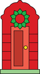 christmas decorated front door with wreath and ribbon