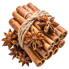 Bundle of cinnamon sticks tied with twine and star anise isolated on transparent background