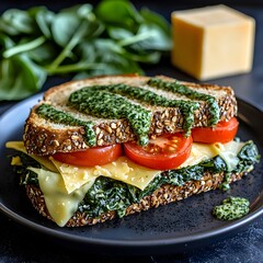 Photo of a healthy sandwich with spinach, cheese, and tomatoes on a blue plate