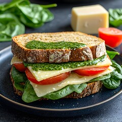 Photo of a healthy sandwich with spinach, cheese, and tomatoes on a blue plate