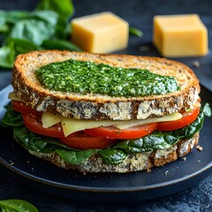 Photo of a healthy sandwich with spinach, cheese, and tomatoes on a blue plate