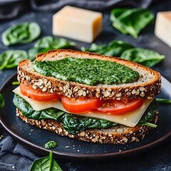 Photo of a healthy sandwich with spinach, cheese, and tomatoes on a blue plate