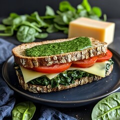 Photo of a healthy sandwich with spinach, cheese, and tomatoes on a blue plate