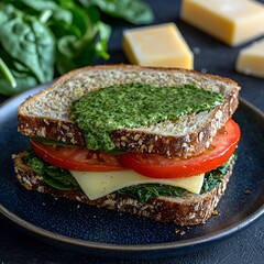 Photo of a healthy sandwich with spinach, cheese, and tomatoes on a blue plate