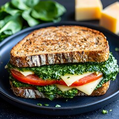Photo of a healthy sandwich with spinach, cheese, and tomatoes on a blue plate