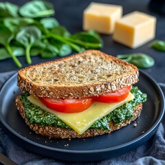 Photo of a healthy sandwich with spinach, cheese, and tomatoes on a blue plate