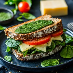 Photo of a healthy sandwich with spinach, cheese, and tomatoes on a blue plate