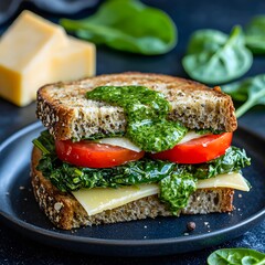 Photo of a healthy sandwich with spinach, cheese, and tomatoes on a blue plate