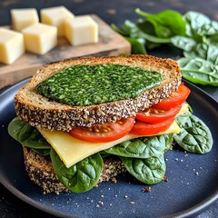Photo of a healthy sandwich with spinach, cheese, and tomatoes on a blue plate