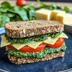 Photo of a healthy sandwich with spinach, cheese, and tomatoes on a blue plate