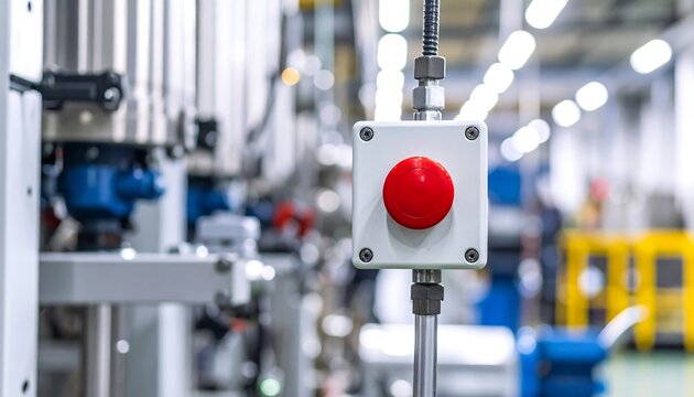 Industrial emergency stop button in a factory. Close-up of a red stop button - Powered by Adobe