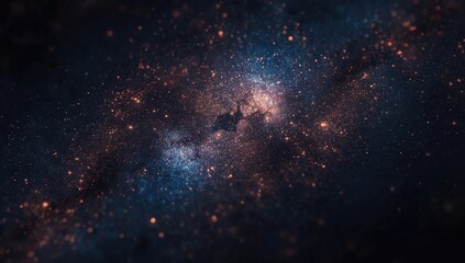 Naklejka premium Celestial scene showcases a deep, dark blue background with scattered, glowing orange and gold particles reminiscent of distant stars, nebulas, and cosmic formations.