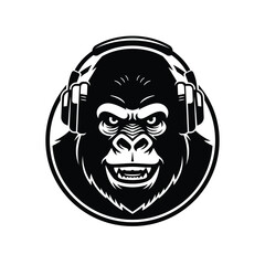 Headphones Gorilla Logo. Head Monkey Modern Icon Template. Music Flat Design. Vector illustration