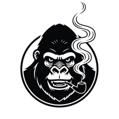 Gorilla Smoking Pipe. Logo Flat Icon. Head Monkey Design. Tobacco Template. Vector illustration