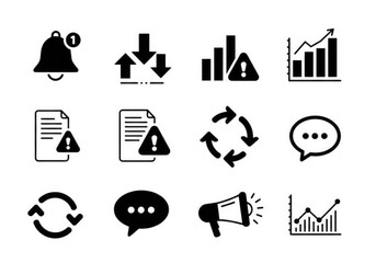A set of business and communication icons, including notifications, downloads, graphs, documents, refresh symbols, speech bubbles, and megaphones, in a clean design.