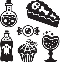 Spooky food drink Halloween icon set silhouette vector
