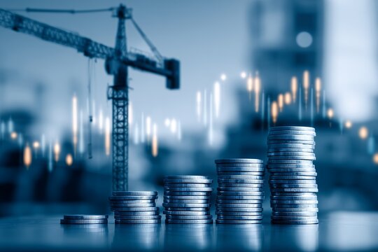Stack of coins arranged as growth graph against the crane with stock market chart, concept for investment strategy, business development and real estate investment