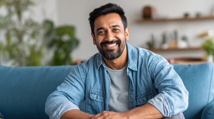 Naklejka premium portrait of happy mid adult man sitting on sofa at home handsome latin man in casual relaxing on couch and smiling cheerful indian guy looking at camera no logos no brands ar 169