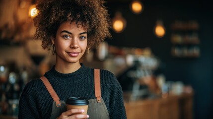 happy african american young woman with afro hair modern cafe small business owner female waitress barista employee in reopened restaurant looking at camera holding takeaway coffee cup portrait no lo
