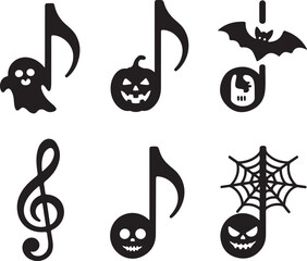 Spooky music Halloween icon set ghost note pumpkin clef silhouette vector