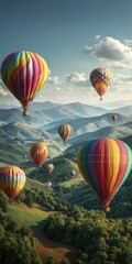 Fototapeta premium Colorful hot air balloons floating above rolling hills and mountains under cloudy sky