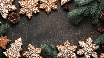 Fototapeta premium simple festive scene showing gingerbread snowflakes fir tree and decorative cookies with blank area for writing seasonal holiday idea