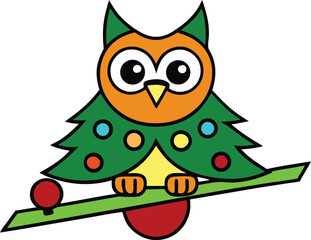 owl sitting on a decorated christmas tree branch