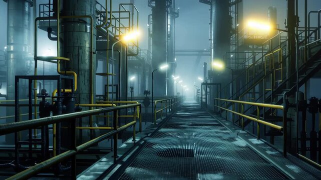 Eerie twilight petrochemical plant, warning sirens flashing over damp metallic corridors, thick fog illuminated by glowing strobes, cinematic ultra-realistic textures.