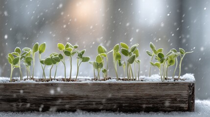 Close-up of green sprouts in a wooden box with snowfall background and blurred light. Concept for new beginnings, winter gardening and resilience