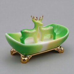 Two charming deer figurines adorn a vibrant green and cream-colored decorative dish, resting on gold-accented feet.