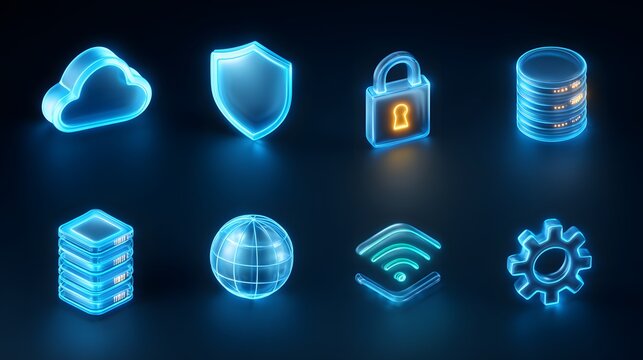 Futuristic glowing 3D technology icons 
