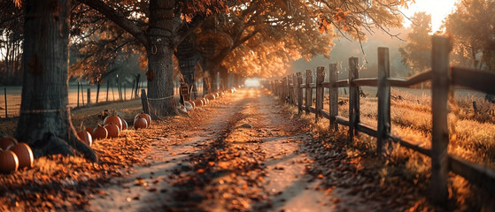 Rural autumn scene featuring pumpkins, fence, trees and falling leaves