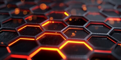 Close-up shot of an abstract dark hexagon pattern with luminous orange edges and bokeh effects. Concept for futuristic backgrounds, gaming designs and modern technologies