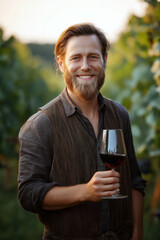 Portrait of a smiling winemaker holding a glass of red wine in vineyard.