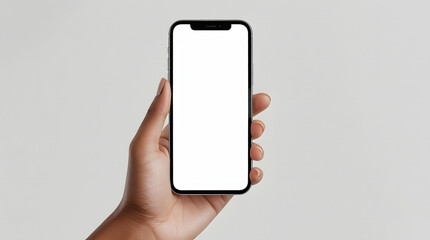 Person holding a modern smartphone with a blank white screen