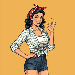 Confident retro pop art woman in a tied plaid shirt giving an OK hand gesture.