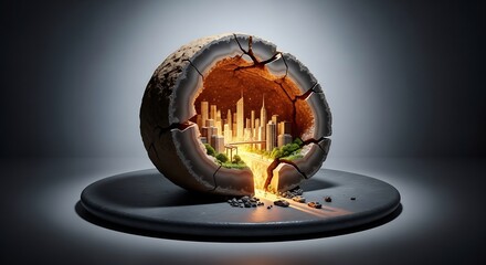 Cracked Earth Reveals Cityscape A Symbolic Representation.